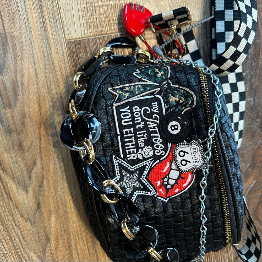 Charlie Maree Co Black Woven Crossbody Bag with Patches - Picture 5 of 10